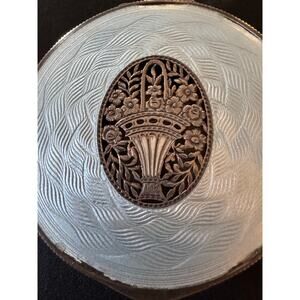 Vintage Sterling & blue Guilloche Enamel Compact w/ Basket of Flowers Austria